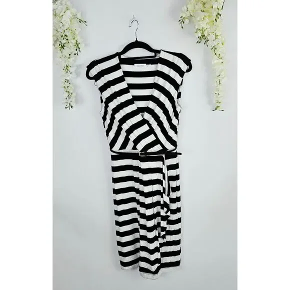 New Calvin Klein Size 6 Black White Striped Dress Belted Classic Chic Career - Picture 9 of 16